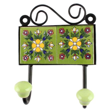 Ceramic floral Tile Hook in Pea Green